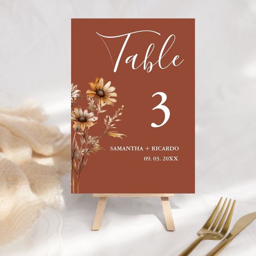 Elegant  Minimalist Terracotta Wildflower Wedding  Table Number
