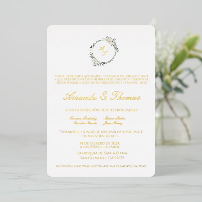 Elegant minimalist theme Spanish wedding Foil Invitation (Standing Front)
