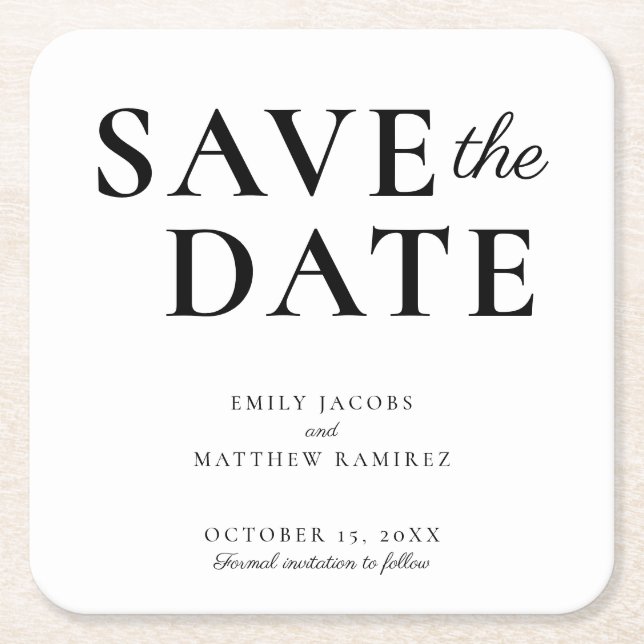 Elegant Minimalist Traditional Script Black White Square Paper Coaster (Front)