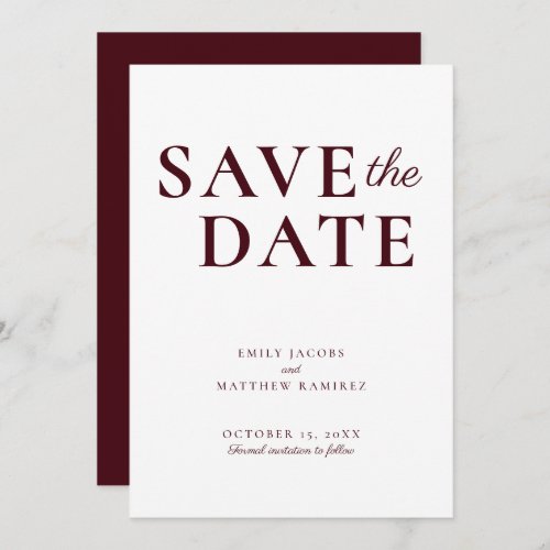 Elegant Minimalist Traditional Script Burgundy Red Save The Date