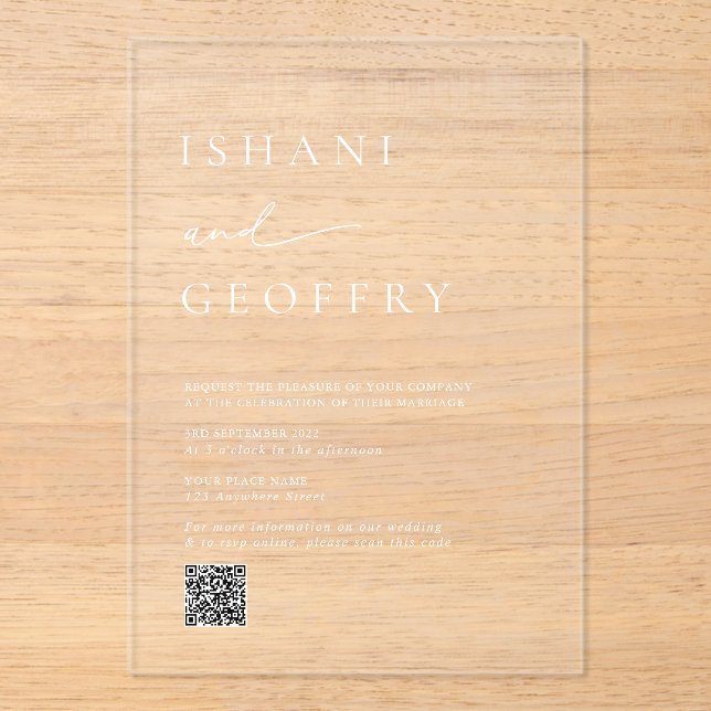 Elegant Minimalist Transparent Wedding QR Code Acrylic Invitations (Front)