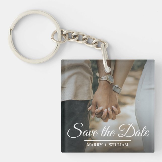 Elegant Minimalist Trendy Save The Date Photo Gift Keychain (Front)