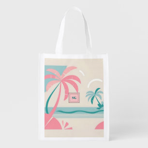 Elegant Minimalist tropical pink teal monogram Grocery Bag