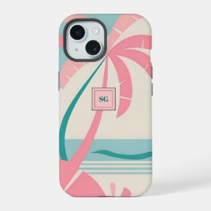 Elegant Minimalist tropical pink teal monogram iPhone 15 Case