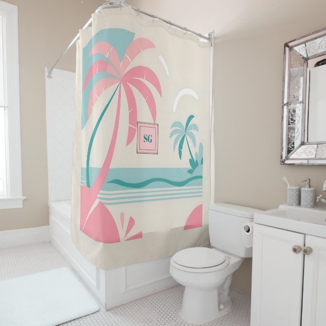 Elegant Minimalist tropical pink teal monogram  Shower Curtain (In Situ)