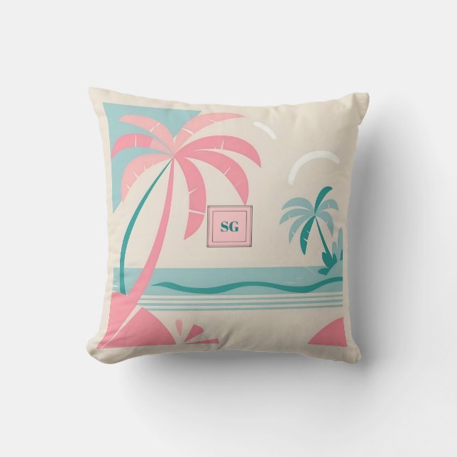 Elegant Minimalist tropical pink teal monogram  Throw Pillow (Front)