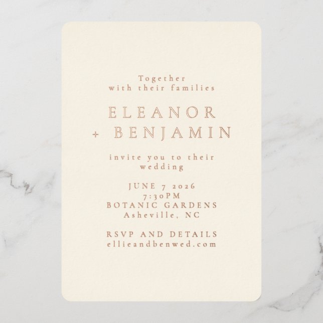 Elegant Minimalist Typography Rose Gold Wedding Foil Invitation (Front)