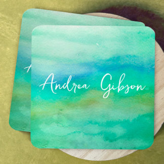 elegant minimalist watercolor blue and teal  square business card