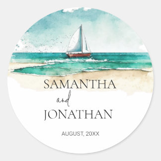Elegant minimalist watercolor boat cruise wedding  classic round sticker
