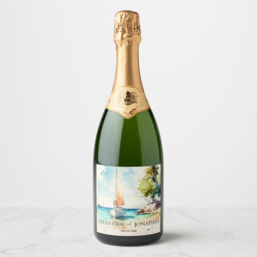 Elegant minimalist watercolor boat cruise wedding sparkling wine label