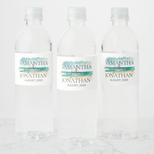 Elegant minimalist watercolor boat cruise Wedding  Water Bottle Label