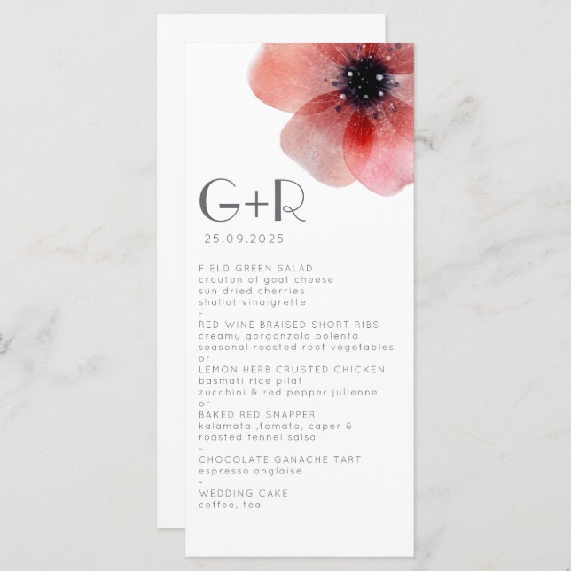 Elegant Minimalist Watercolor Poppy Wedding Menu (Front/Back)