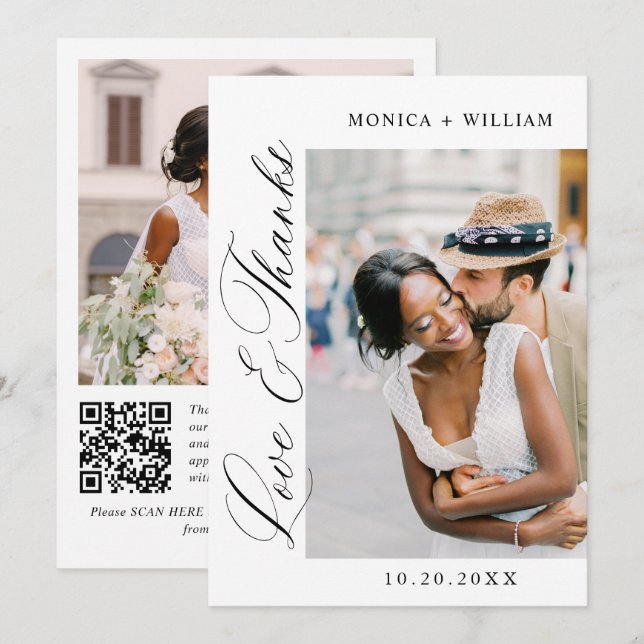 Elegant Minimalist Wedding 2 Photo QR code Thank You Card (Front/Back)