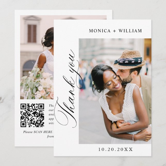 Elegant Minimalist Wedding 2 Photo QR code Thank You Card (Front/Back)