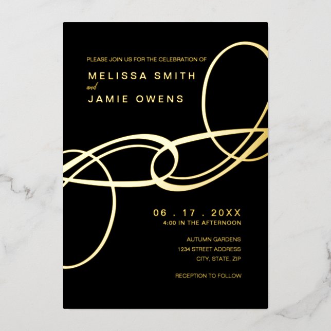 Elegant Minimalist Wedding Black and Gold Foil Invitation (Front)