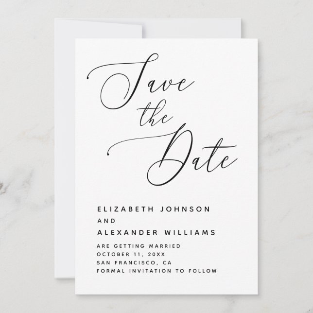 Elegant Minimalist Wedding. Black & White Script Save The Date (Front)