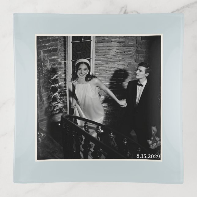 Elegant Minimalist Wedding Blue Personalized Photo Trinket Tray (Front)