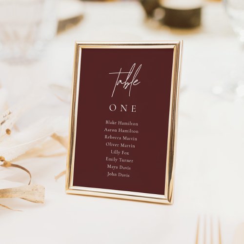 Elegant Minimalist Wedding Burgundy Seating Chart Table Number