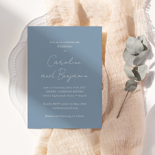 Elegant Minimalist Wedding Chic Script Dusty Blue Invitation