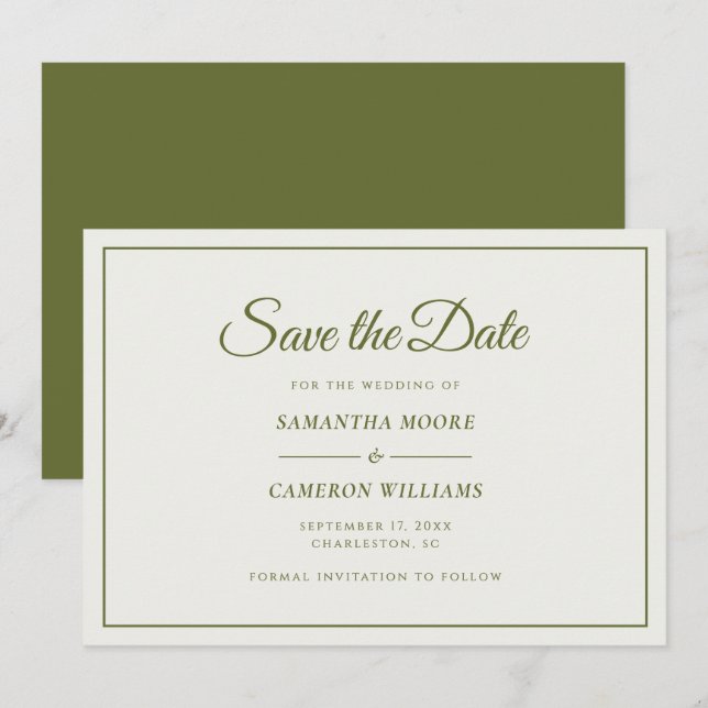 Elegant Minimalist Wedding Cream & Olive Green Save The Date (Front/Back)