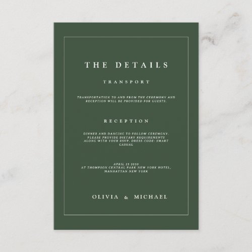 Elegant Minimalist Wedding Dark Green Classic Chic Enclosure Card