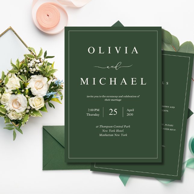 Elegant Minimalist Wedding Dark Green Classic Chic Invitation (Creator Uploaded)