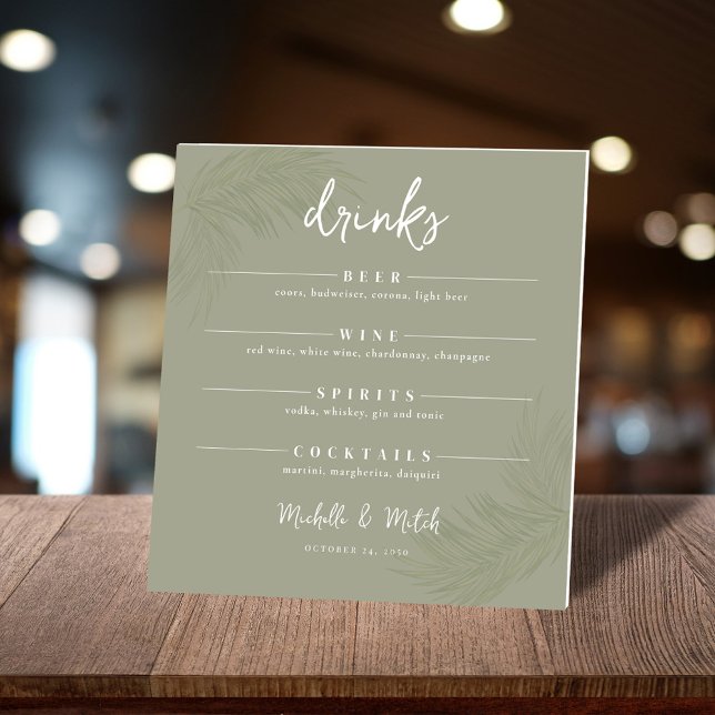 Elegant Minimalist Wedding Green Palm Leaves  Foam Board (Simple palm leaves botanical green drinks sign with white editable text. )