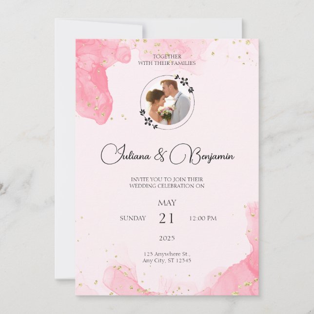 Elegant Minimalist Wedding Invitation with Gold Ac (Front)