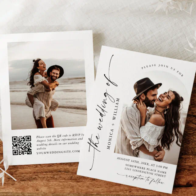 Elegant Minimalist Wedding Photo QR code 2 PHOTO Invitation | Zazzle