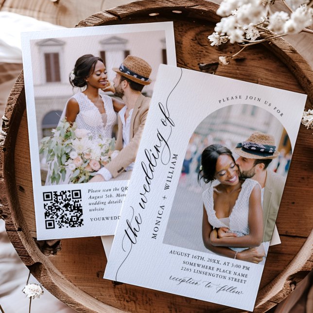 Elegant Minimalist Wedding Photo QR code 2 PHOTO Invitation (Creator Uploaded)