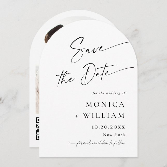 Elegant Minimalist Wedding Photo QR code Save The Date (Front/Back)