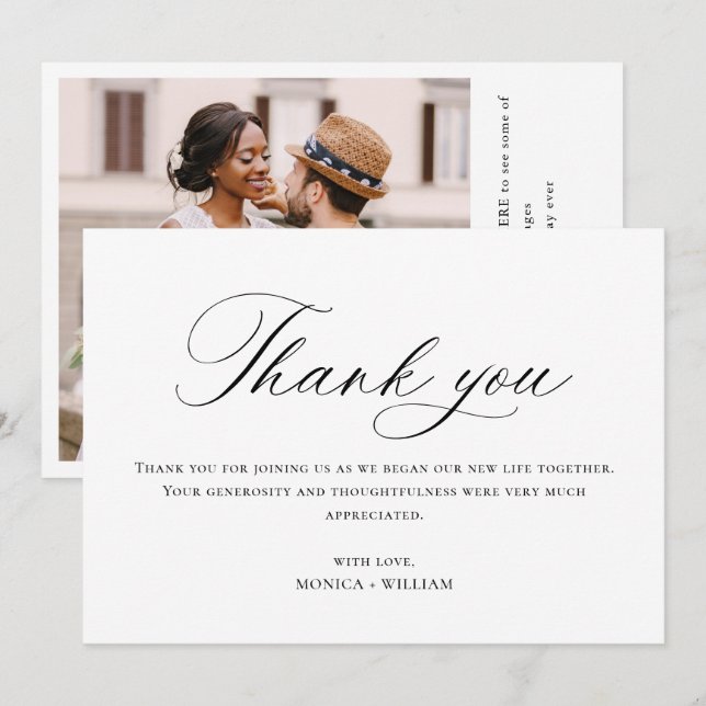 Elegant Minimalist Wedding Photo QR code Thank You Card (Front/Back)