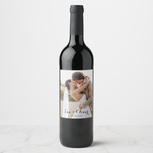 Elegant Minimalist Wedding Photo Wine Label (Front)