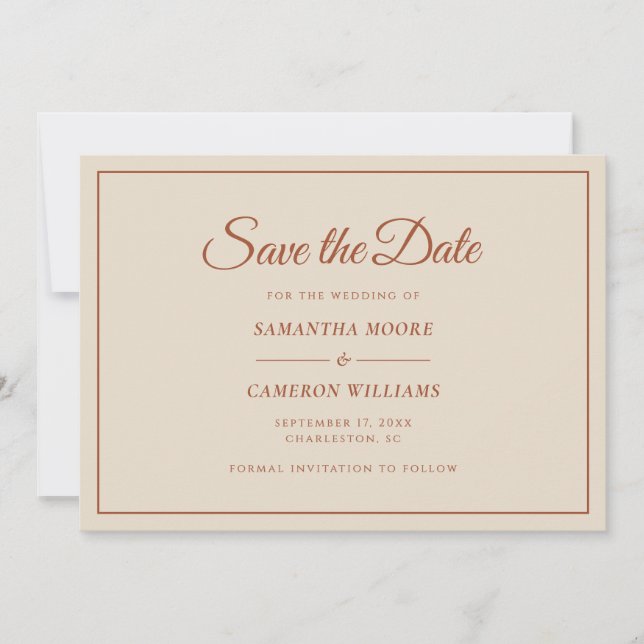 Elegant Minimalist Wedding QR Code Terracotta Save The Date (Front)