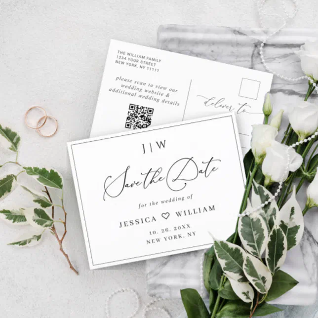 Elegant Minimalist Wedding Save the Date QR code Postcard | Zazzle