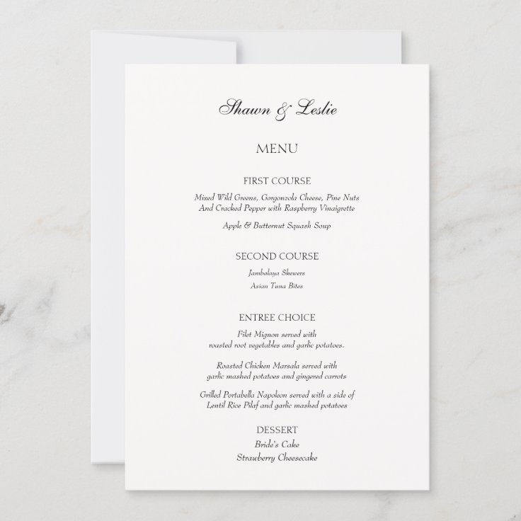 Elegant Minimalist Wedding Three Course Menu Invitation | Zazzle