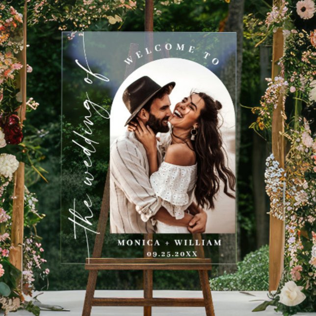 Elegant Minimalist Welcome Photo Wedding Acrylic Sign (Creator Uploaded)