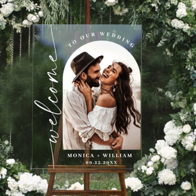 Elegant Minimalist Welcome Photo Wedding Acrylic Sign (Creator Uploaded)