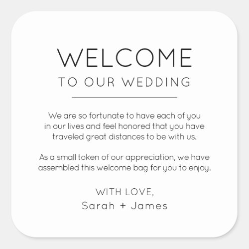 Elegant Minimalist Welcome To Our Wedding Bag Square Sticker