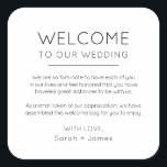Elegant Minimalist Welcome To Our Wedding Bag Square Sticker<br><div class="desc">Welcome to our Wedding Label for Wedding Welcome Bag. Design features a minimalist style text layout. To make advanced changes,  please select "Click to customize further" option under Personalize this template.</div>