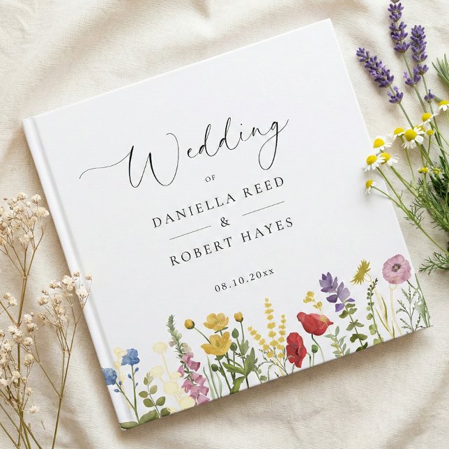 Elegant Minimalist Whimsical Wildflower Wedding Foil Guest Book (modern minimalist script calligraphy wildflower gold foil wedding guest book)