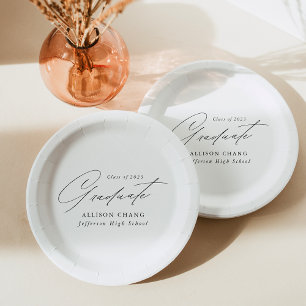 Elegant Minimalist White and Black Graduation Paper Plates