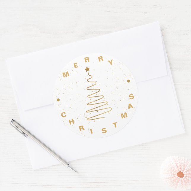 Elegant Minimalist White Gold Star Merry Christmas Classic Round Sticker (Envelope)