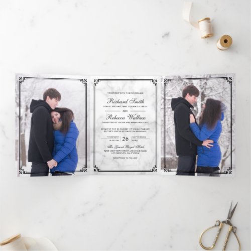 Elegant Minimalist White Marble Photo Wedding Tri_Fold Invitation