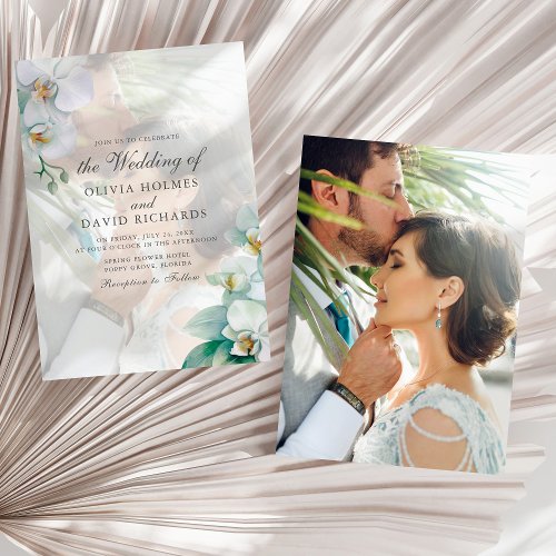 Elegant Minimalist White Orchid Photo Wedding Invitation