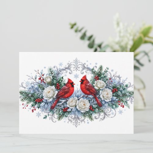 Elegant Minimalist White Winter Flowers & Cardinal Holiday Card