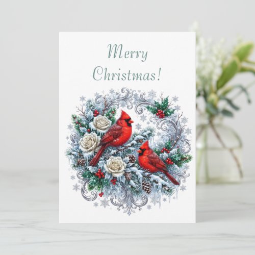 Elegant Minimalist White Winter Flowers & Cardinal Holiday Card