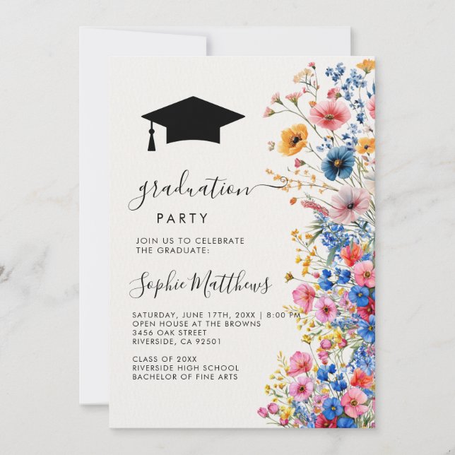 Elegant Minimalist wild Floral chic girl Graduatio Invitation (Front)