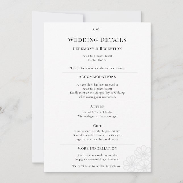 Elegant Minimalist Winter Wedding Details Card (Front)