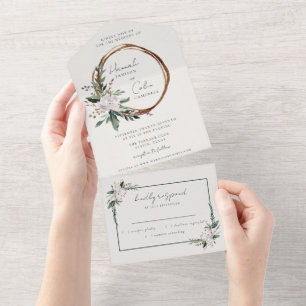 Elegant Minimalist Winter Wreath White Green All In One Invitation